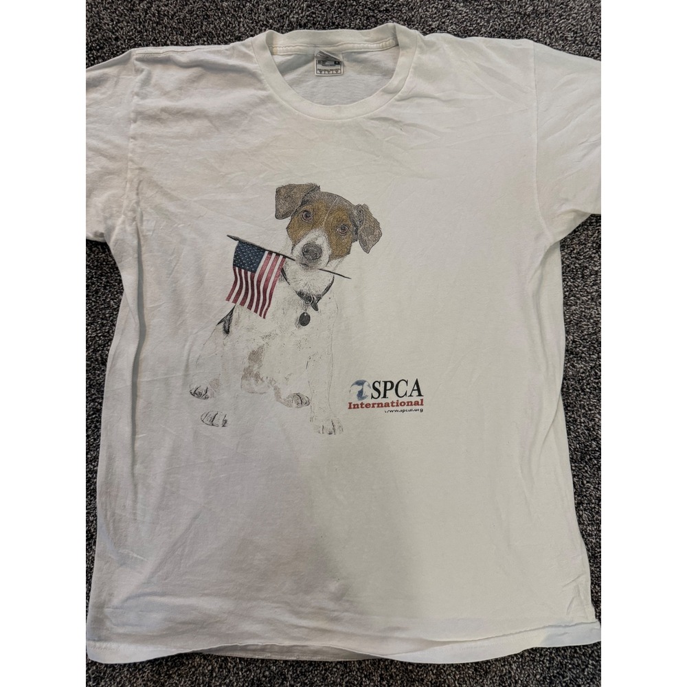 Vintage SPCA International Dog American Flag White T-Shirt Yazbek Large Mens